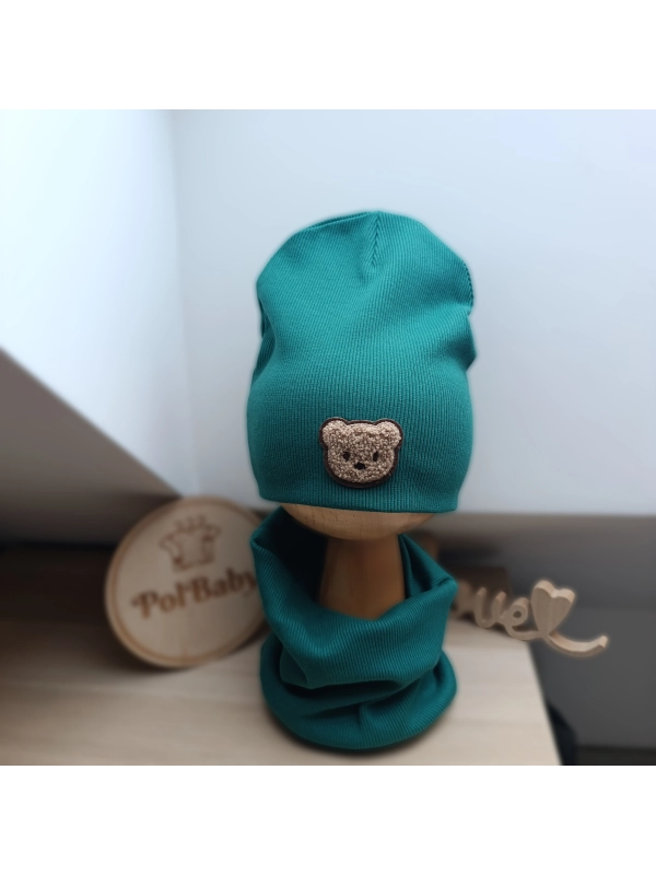 Komplet czapka i komin butelkowa zieleń z misiem