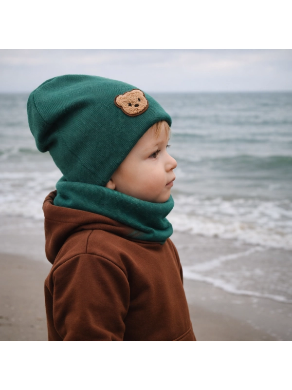 Komplet czapka i komin butelkowa zieleń z misiem