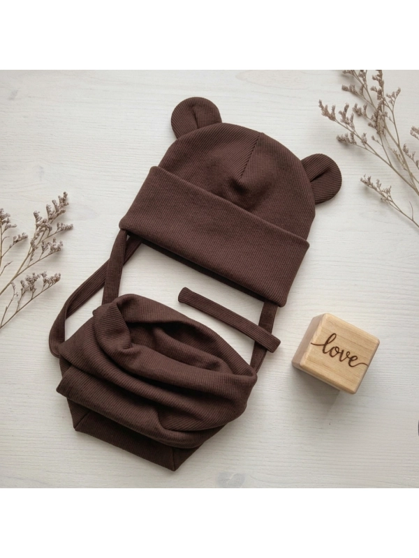 Bawełniana czapka beanie i komin prążkowany dla dziecka - ze sznurkami