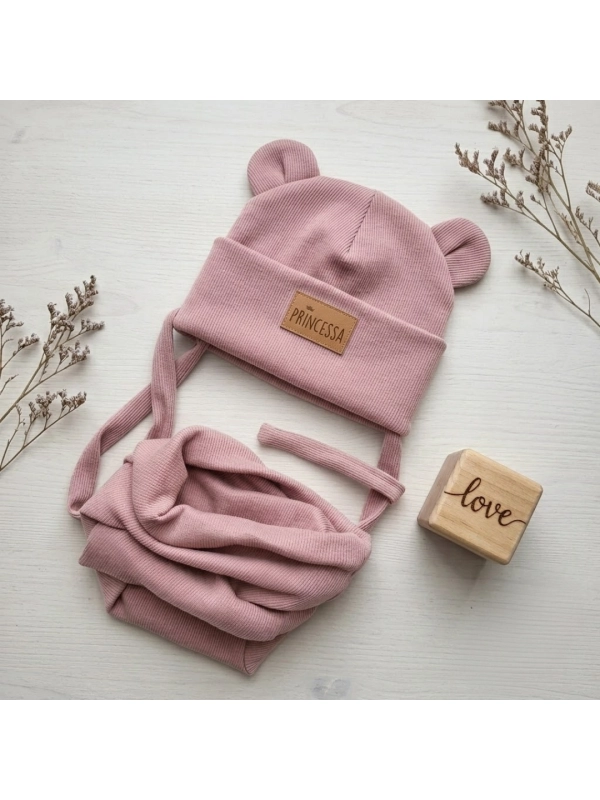 Bawełniana czapka beanie i komin prążkowany dla dziecka - ze sznurkami