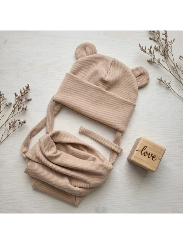 Bawełniana czapka beanie i komin prążkowany dla dziecka - ze sznurkami