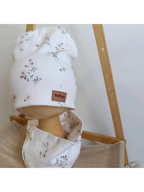Komplet czapka i komin prążek Roses wild krem