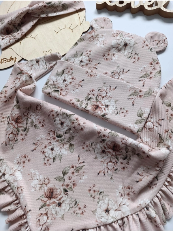 Komplet czapka i chusta prążek - newbie roses róż