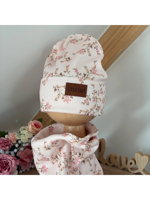 Bawełniana czapka beanie i komin prążkowany dla dziecka - małe kwiaty Bawełniana czapka beanie i komin prążkowany dla dziecka - małe kwiaty