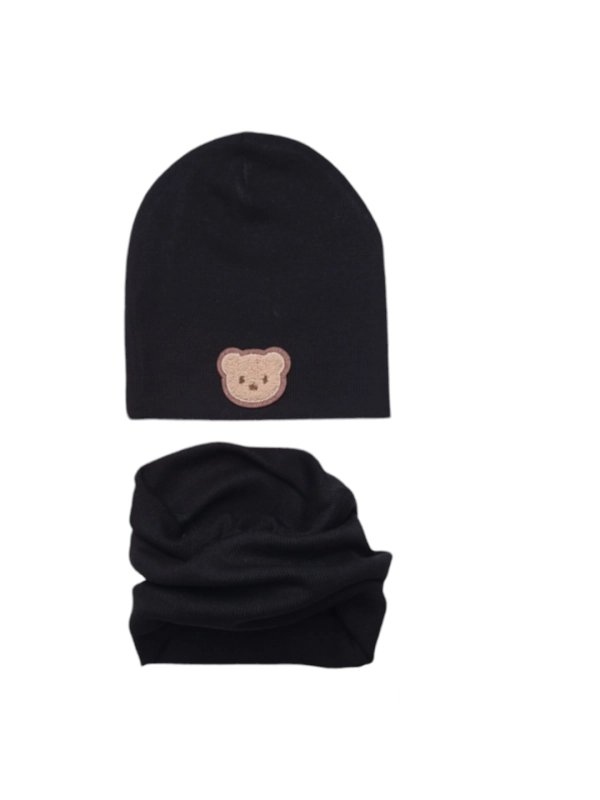 Komplet czapka i komin czarna z misiem