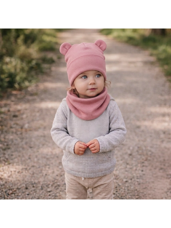 Bawełniana czapka beanie i komin prążkowany dla dziecka – brudny róż