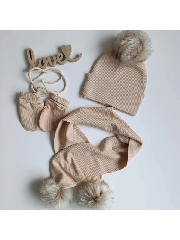 Zestaw z prążka z pomponami - beż