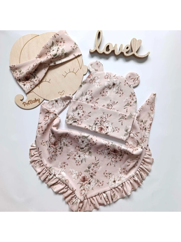 Komplet czapka i chusta prążek - newbie roses róż