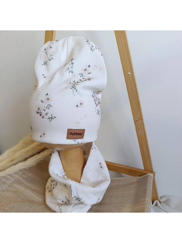 Komplet czapka i komin prążek Roses wild krem