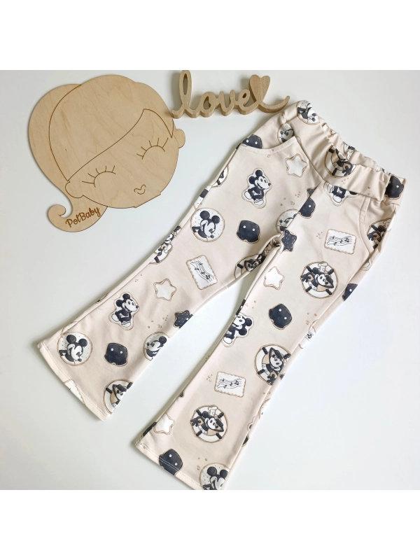 Spodnie dzwony - havana , Mickey na beżu Spodnie dzwony - havana , Mickey na beżu